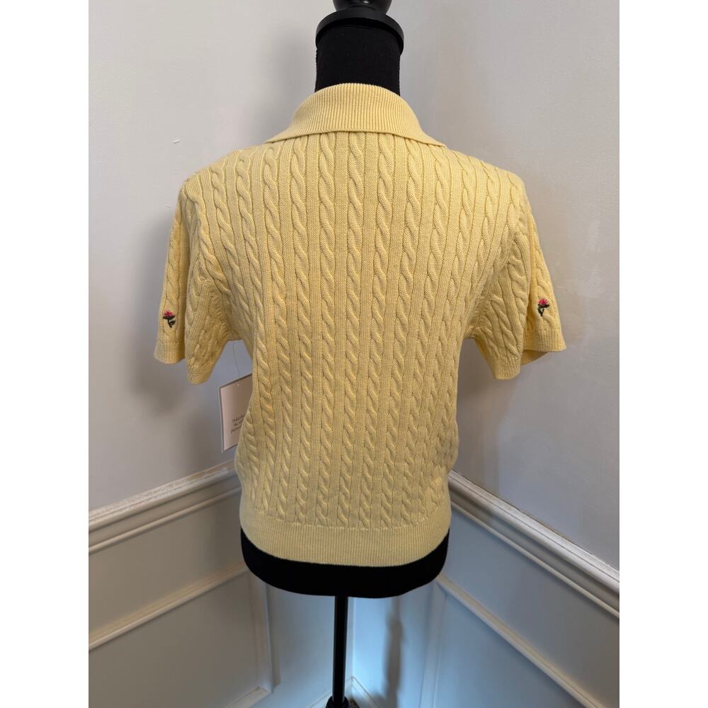 NWT Calligraphie Yellow Cable Knit Floral Embroidered Sweater Polo Top Cottage - Picture 6 of 8